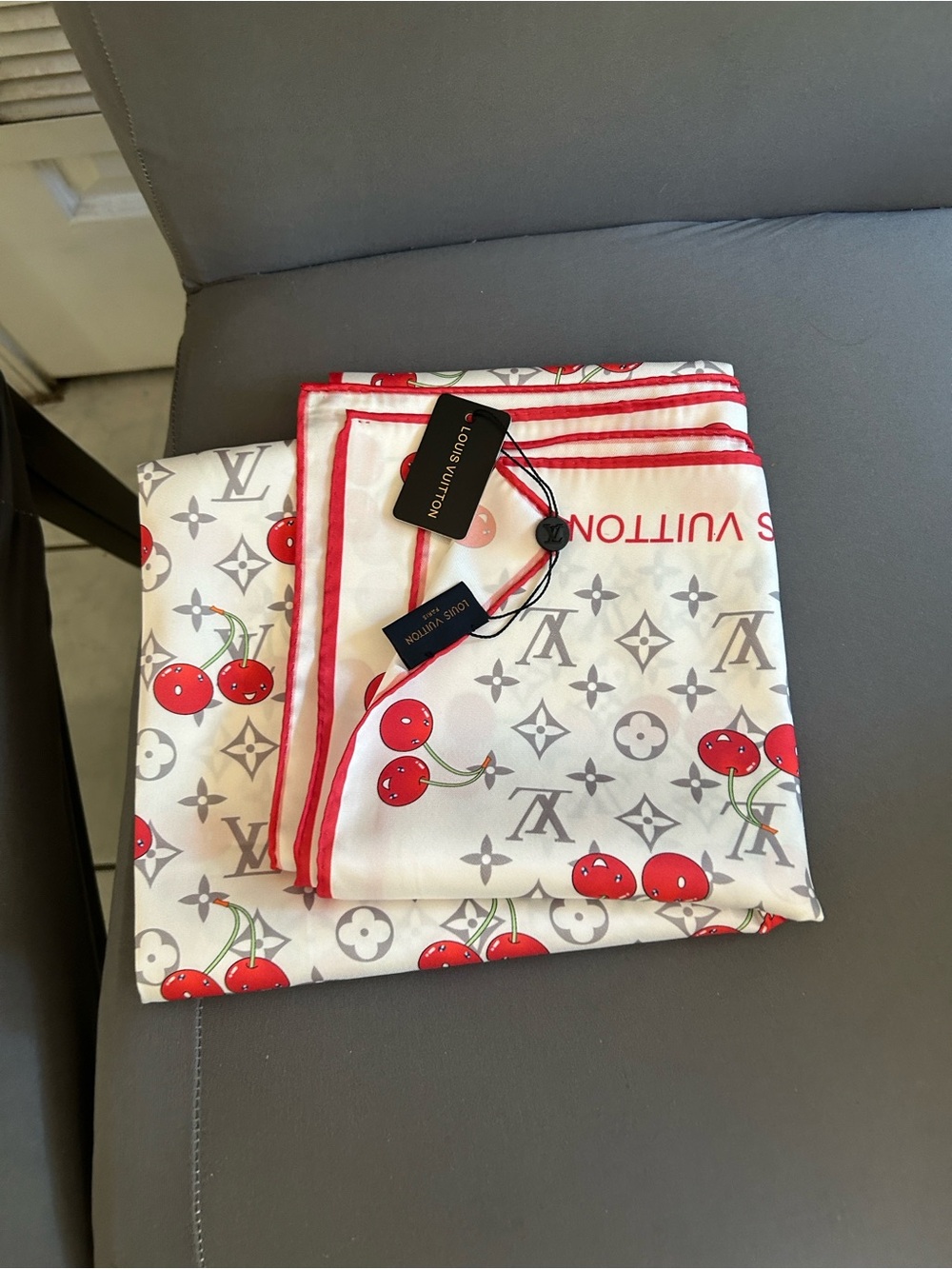 Louis Vuitton White Silk Scarf with Red Cherry Motif - Picture 4 of 4